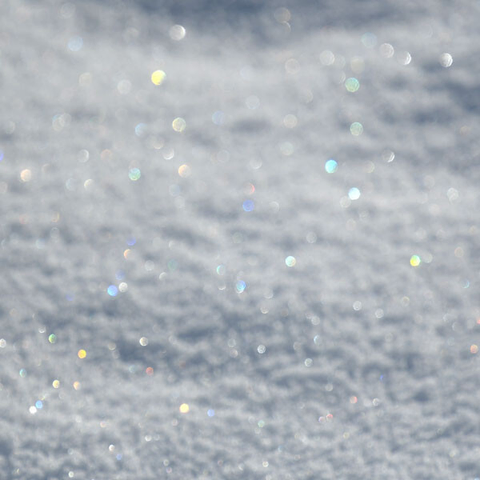 雪面にできた表面霜の反射した光が虹色に見える