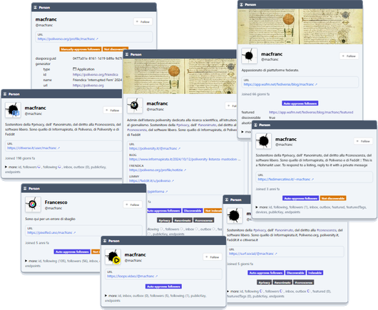 Diversi account di macfranc che appartengono a piattaforme diverse ma visti tutti da BrowserPub