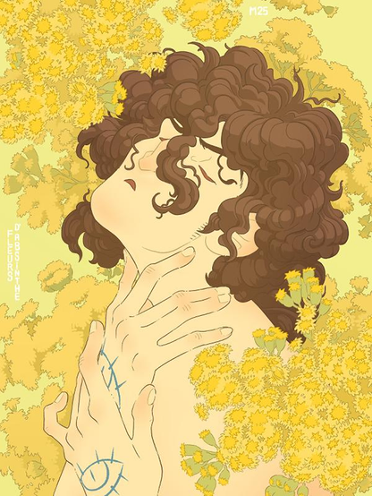 Un visage torturé et androgyne au milieu de bouquets tourbillonnants de fleurs d'absinthe.