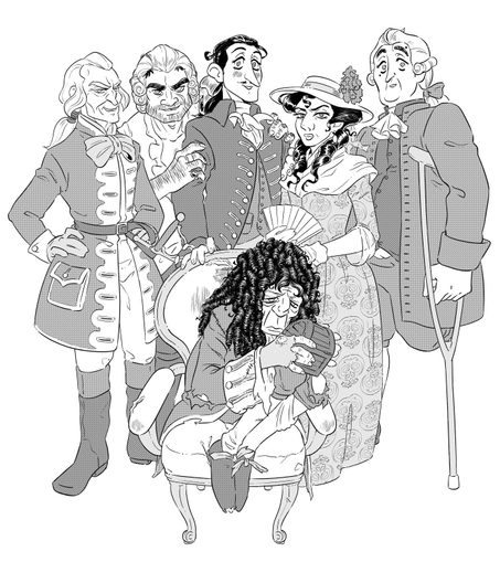 Une famille d'assassins dysfonctionnels en tenue XVIIIème, représentés dans un style BD en noir et blanc.