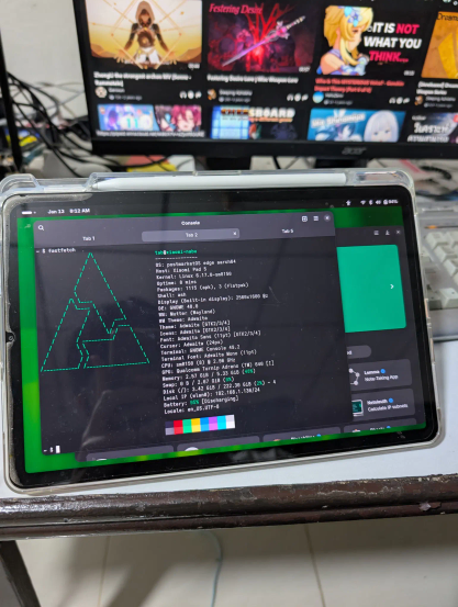 Fastfetch screen on the Xiaomi Pad 5 displaying a PostmarketOS logo