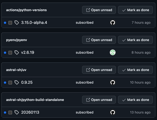 GitHub notifications showing new releases for actions/python-versions, pyenv/pyenv, astral-sh/uv and astral-sh/python-build-standalone.