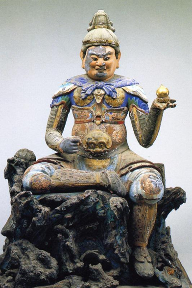 Seated wooden #Bishamonten Statue, Seiryo-ji, #Japan. Believed to have been created in the late #Heian period. This is unusual for an image of #Bishamonten in which he is seated with his left leg pressed down. This #Buddhist statue was relatively undervalued, and was designated as an important cultural property in 2009.
#BuddhistArt #Buddhism