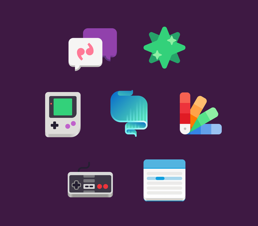 7 app icons on a dark purple background. Pidgin 3, Twinkle, generic Game Boy, generic aurora, generic colour swatches, generic NES controller, Bobby.