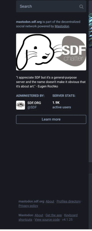 A screenshot which confirms that the site mastodon.sdf.org is using Mastodon 4.1.25 from April 2025.  It is nearly 1 whole year past end of life. 