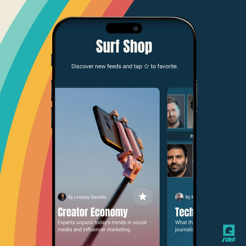 Screenshot of Flipboard Surf app showing the Surf Shop section, which has a feed called Creator Economy by Lindsey Gamble.