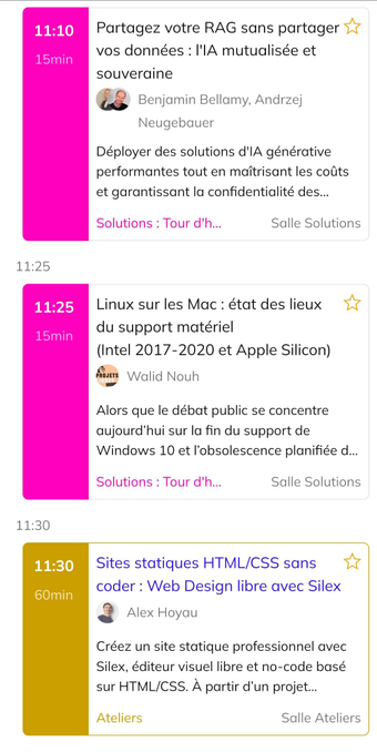 Capture d’écran d’un programme de conférences avec trois sessions listées à 11:10 sur le RAG et l’IA souveraine, 11:25 sur Linux sur Mac Intel et Apple Silicon, et 11:30 sur la création de sites statiques HTML/CSS avec Silex