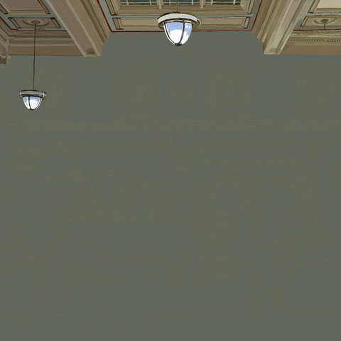 Ornate ceiling of the Vancouver train station. Two of three hanging lamps are done too.