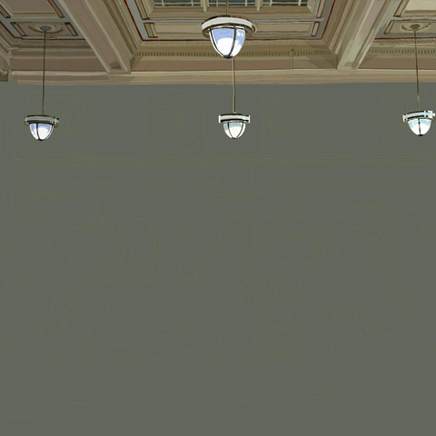 An ornate ceiling and four glass lamps hang over the gray expanse I have yet to colour in.