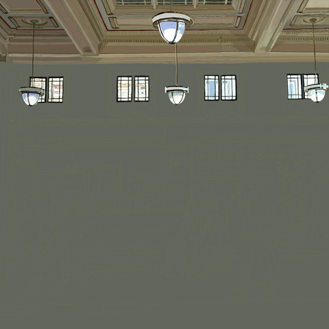 Four sets of two windows give a sense of the building behind the the central area of the train station.