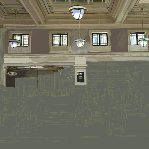 I started work on the rooms behind the main room of the train station. I'm about 40% done with this drawing.