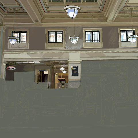 Some back room areas of the train station in Vancouver have come together. The piece is now about half drawn.