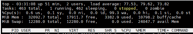 'top' of one of the Database nodes, showing a load of 77 (This was during the data validation, aka zpool scrub)