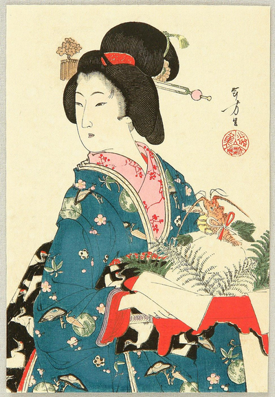 Woodblock print of a woman in kimono holding a kagami-mochi.

Image thanks - https://ja.ukiyo-e.org/