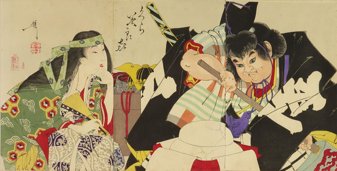 Woodblock print of Kintaro cracking a kagami-mochi.

Image thanks - https://ja.ukiyo-e.org/