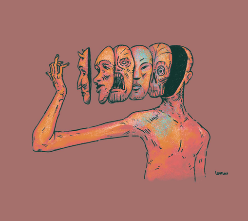 Illustration of a faceless man, with five masks floating in front of the hollow area where his face should be.