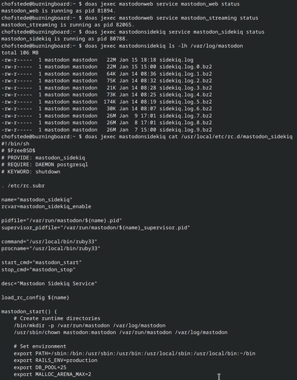 Screenshot showing the service status of several Mastodon services on FreeBSD