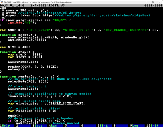 A DOS console code editor showing some JavaScript
