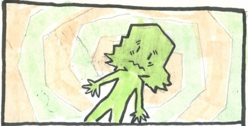 A panel from this week’s comic. Sammy, pale green and bewildered, is silhouetted against a jaunty spiral as she descends into self doubt.