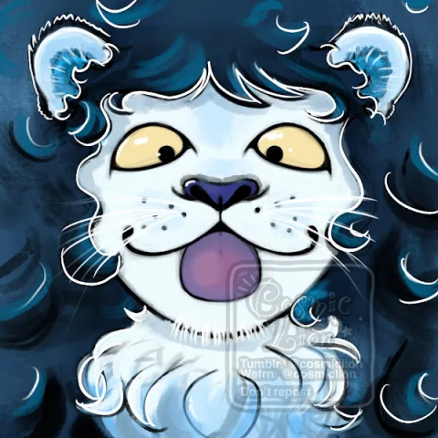 Digital colored and shaded headshot illustration of an anthropomorphic lion. He has white fur and ears, a dark blue mane, a bluish purple nose and pale yellow eyes. He is making a silly face and sticking his tongue out.