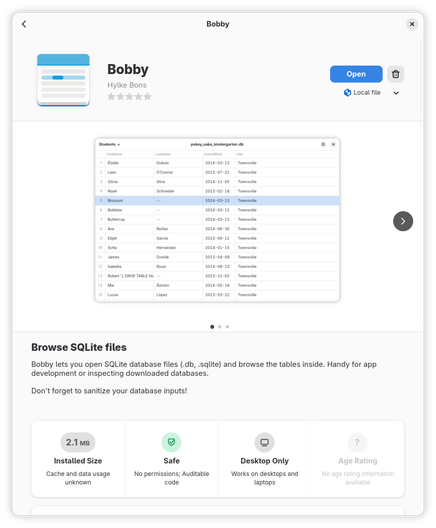 Screenshot of GNOME Software page for Bobby running locally.