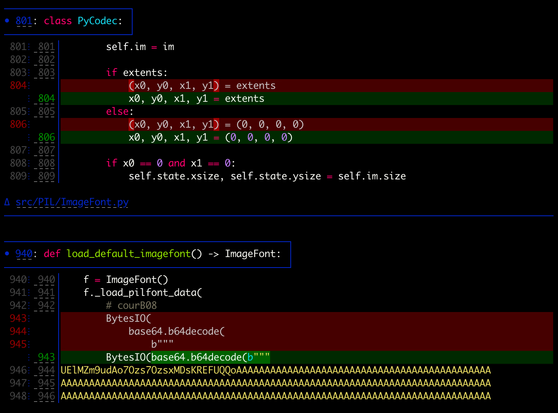 A diff of some changes.

For example, parentheses removed from:

(x0, y0, x1, y1) = extents

To give:

x0, y0, x1, y1 = extents

And some things made more compact, such as these three lines:

        BytesIO(
             base64.b64decode(
                 b"""
then a big multiline byte string

Becoming one:

        BytesIO(base64.b64decode(b"""
then the big multiline byte string