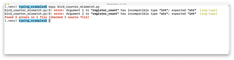 terminal session showing mypy output that caught 2 errors; it's 3 lines of output