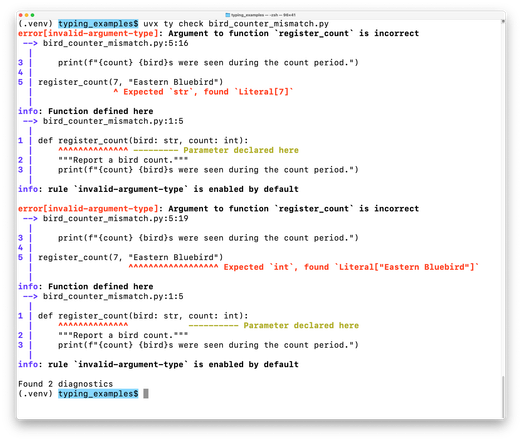 terminal session showing ty output that caught 2 errors; it's a full screen of output