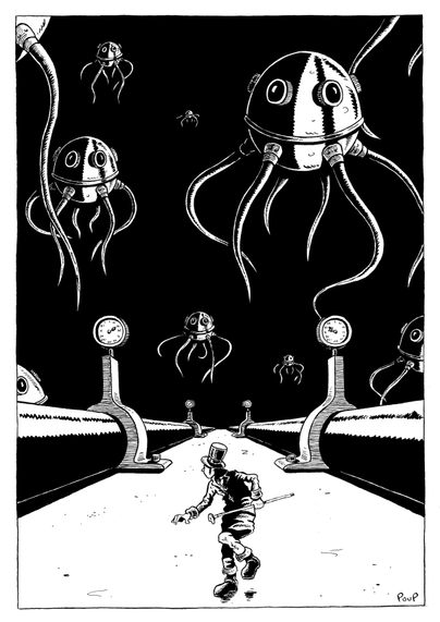 Il fait nuit. Un personnage, vêtu d'une redingote et coiffé d'un chapeau haut-de-forme, semble fuir devant l'apparition d'étranges machines volantes ressemblant à des pieuvres. Le personnage se trouve coincé entre deux tuyaux géants faisant penser à des pipelines. 

It is night. A figure, dressed in a frock coat and wearing a top hat, appears to be fleeing from the appearance of strange flying machines resembling octopuses. The figure is trapped between two giant pipes that look like pipelines.