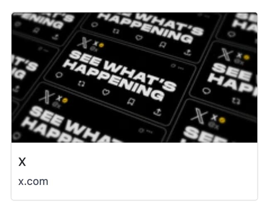 Xのリンクカード用サムネイル。黒い背景に「SEE WHAT'S HAPPENING」という白い文字とXのロゴ、リプライやいいねのアイコンがタイル状に並んでいるデザイン。