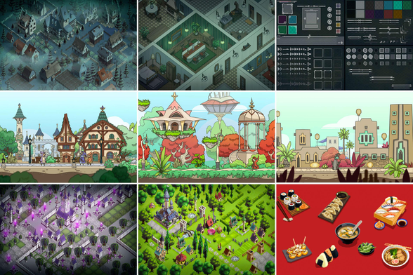 6 mockups of my sprite packages available on itch.io, the spooky town, the tiny town, the fantasty town, and some food sprites