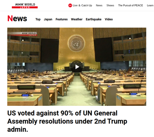 A headline from NHK News, reading "US voted against 90% of UN General Assembly resolutions under 2nd Trump admin", with a photo of the general assembly hall at the UN