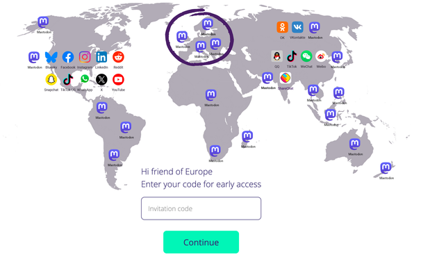 screenshot of the map from wsocial.eu but with Mastodon instances added