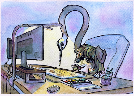 a watercolor painting of an anthropomorphic dog woman sitting slouched in front of her desk, drawing with watercolors. 