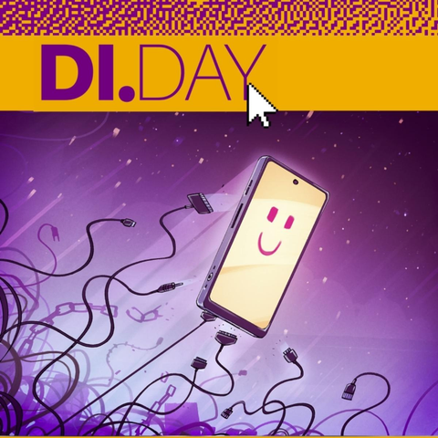 Sharepic in Lila und Orange, eine Grafik zeigt ein lächelndes Smartphone, das vor vielen Kabeln davon fliegt, die nach ihm greifen, im Hintergrund eine zerreißende Kette.

Darüber steht „DI.DAY“
