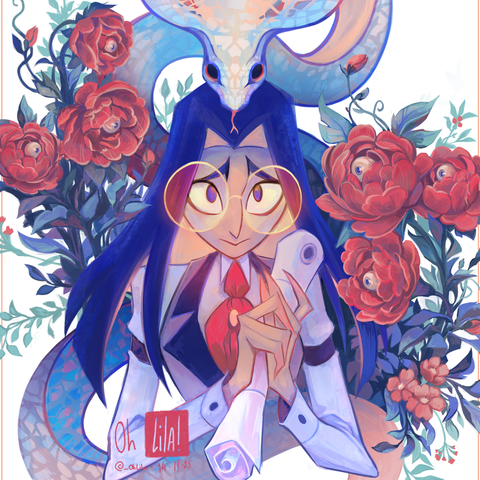 Human form of Sir Pentious from the show Hazbin Hotel. He looking at viewer with anxious eyes behin round glasses, while holding against him a roll of paper. Above him, a white snake. Around him, bright red flowers, each with an eyes at their center, eying the character. 