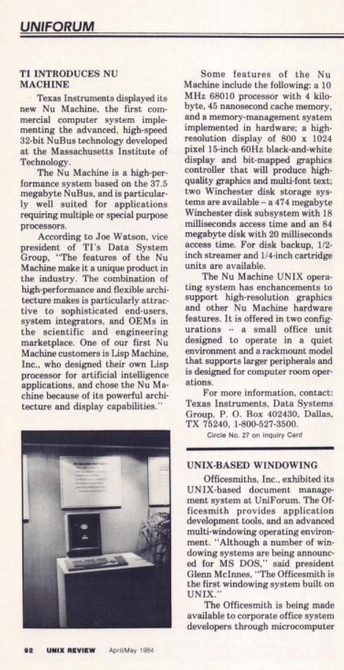 Short Unix Review article announcing TI's NuMachine.