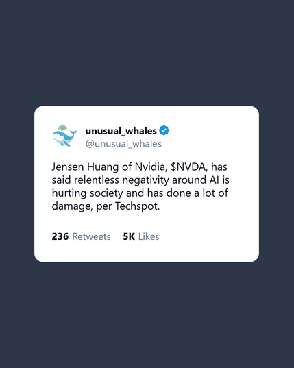Jensen Huang of Nvidia, $NVDA, has said relentless negativity around AI is hurting society and has done a lot of damage, per Techspot.