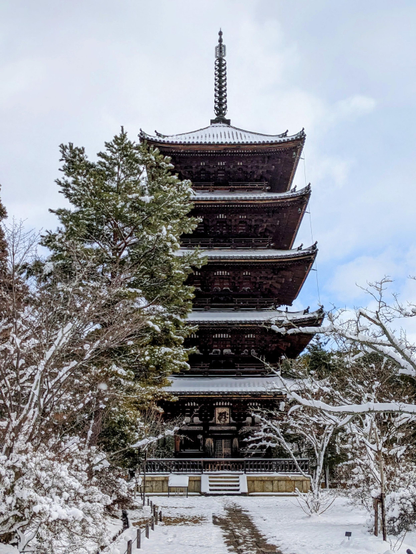 Ninna-ji's pagoda during a light snowfall.