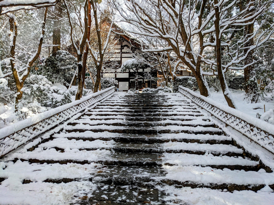 The steps to Ryoan-ji's abbot's quarters, covered in snow.