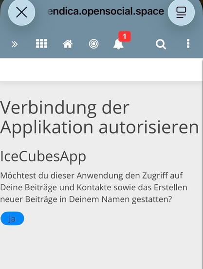 The image displays a permission prompt from the IceCubesApp requesting authorization to access user posts and contacts, along with a button labeled "Yes" (Ja) to grant permission. The interface includes a navigation bar at the top.