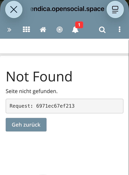 A web page error message stating "Not Found" in German, with the text "Seite nicht gefunden" and a request ID. A button labeled "Geh zurück" is also visible.