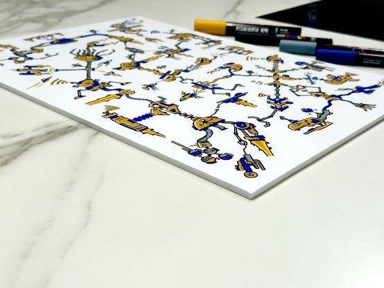 A doodle drawing full of yellow and blue strange machines, from the side