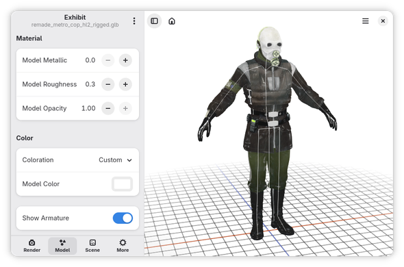 Screenshot of the app Exhibit, displaying a rigged 3d model of a character showing the armature