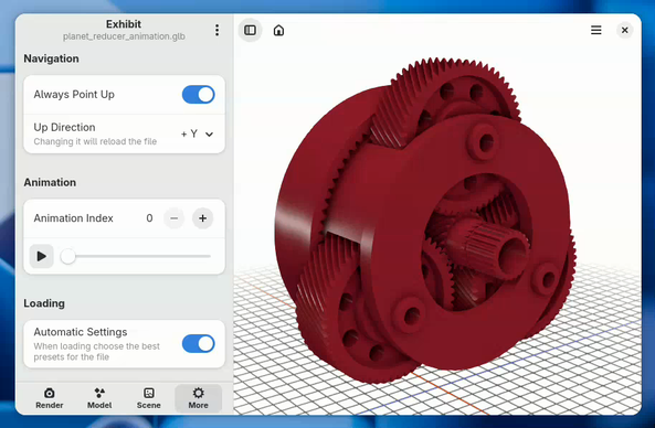 Screencast of Exhibit displaying an animated 3D model of a planetary gear reducer