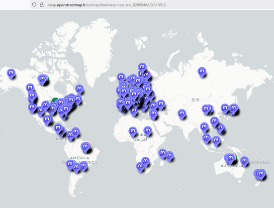 A global web map showing Fediverse instances as point icons