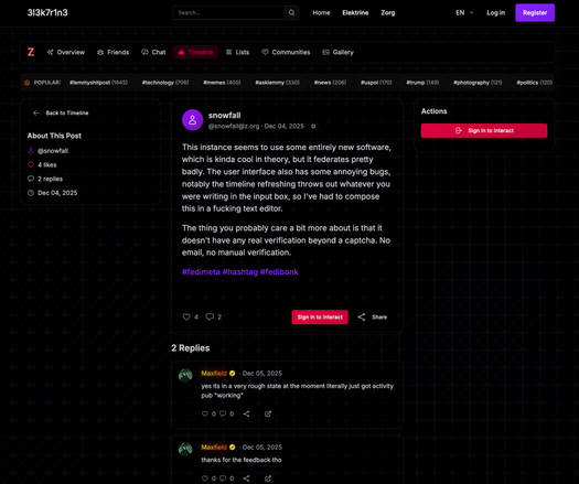 a screenshot of a new fediverse server software called elektrine with a black background and purple and red buttons