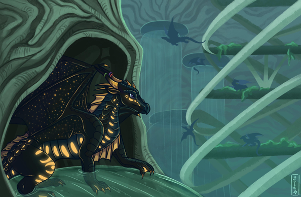 A drawing of a SeaWing-NightWing hybrid (black and dark blue scales and yellow-glowing scales) in the SeaWings summer palace. 