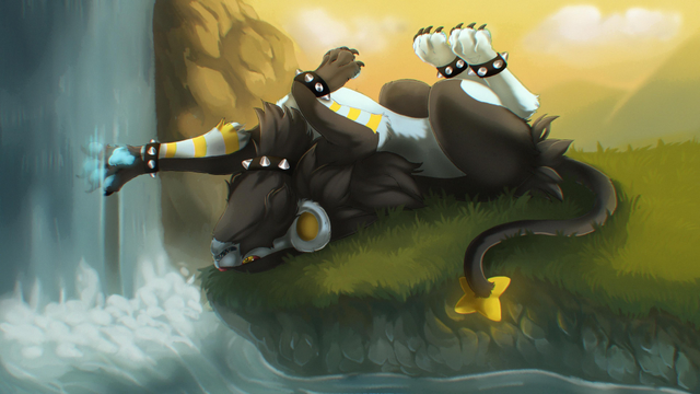 A drawing of a luxray lying on his back next to a small waterfall. He stretches his paw (with blue-glowing paw pads) into the water fall.