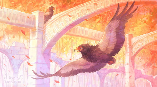 A drawing of a bateleur eagle flying around some ancient ruins in an autumn setting. 